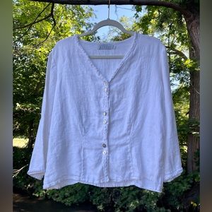 White linen blouse with abalone shell buttons